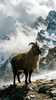 Wild mountain goat standing on rocky cliff edge with snow-capped peaks and dramatic clouds in alpine wilderness landscape for outdoor adventure content.