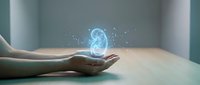 Glowing holographic kidney floating above open palm with digital particles, medical technology concept for healthcare innovation and organ transplant awareness.
