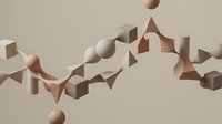 Wooden geometric shapes and spheres arranged in an abstract composition on neutral background, suitable for business growth, progress, and creative design projects.