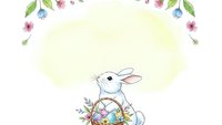 White Easter bunny with basket of colorful eggs surrounded by spring flowers on soft yellow background for greeting cards and seasonal designs.