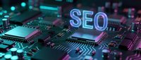 SEO holographic text floating above futuristic circuit board with glowing neon lights. Digital marketing technology concept for web optimization and search engine strategies.