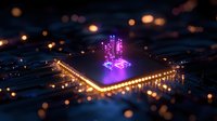 Glowing purple microprocessor chip with digital circuits and light effects on dark background, futuristic technology concept for computing and AI innovation.