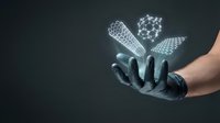 Scientist hand displaying holographic molecular structures and nanotechnology elements for research and development applications.