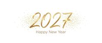 2027 Happy New Year greeting with gold glitter sparkles on white background, isolated design element for holiday cards, banners, and festive celebrations.