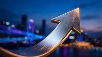 Golden metallic arrow pointing upward against blurred city skyline at dusk, symbolizing business growth, success, and financial progress in urban environment.
