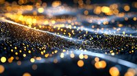 Shimmering water droplets on dark surface with golden bokeh lights creating magical atmosphere. Macro photography reveals nature's delicate patterns and reflections.