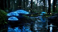 Glowing blue mushrooms in dark mystical forest with magical sparkles and water reflection creating enchanted woodland atmosphere at night.