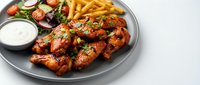 Grilled chicken wings with barbecue glaze served on plate with french fries and fresh salad for restaurant menu and food delivery service.