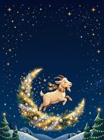 Whimsical goat leaping over glowing crescent moon adorned with golden garland and twinkling stars against deep night sky, surrounded by snowy evergreen trees and winter landscape, creating magical holiday festive scene.