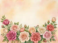 Vintage rose border arrangement with pink, coral, and cream blooms on aged cream background, perfect for wedding invitations, greeting cards, and floral design projects.