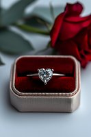 Heart-shaped diamond engagement ring in rose gold box with red rose in background, romantic proposal setting on white surface. Luxury jewelry photography.