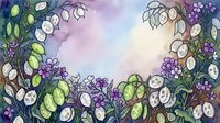 Watercolor floral frame with white and purple flowers, green foliage, and botanical elements surrounding a soft pastel center space, suitable for greeting cards and design projects.