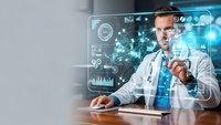 Male doctor using futuristic holographic interface technology for medical data analysis and digital healthcare innovation in modern clinic setting.