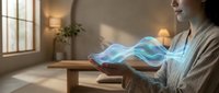 Young Asian woman in casual sweater interacting with glowing blue holographic display in modern living room with natural lighting and minimalist decor.