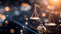 Golden scales of justice on dark background with magical bokeh lights and glowing sparkles, symbolizing law, balance and fairness in legal system.