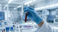 Medical laboratory technician in blue gloves holding blood sample test tube for analysis in modern clinical research facility for healthcare diagnostics.