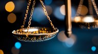 Golden scales of justice with glittering bokeh lights in dark blue background, symbolic legal concept showing balance and fairness in law and judgment.
