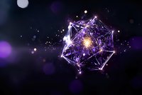 Glowing purple geometric network sphere with light connections and particles on dark background, abstract digital technology concept for AI and connectivity.