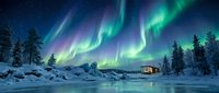 Spectacular aurora borealis dancing over snow-covered winter landscape with cozy cabin and evergreen trees under starry night sky for travel and nature themes.