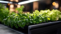 Fresh basil and lettuce seedlings growing under LED grow light in modern hydroponic system, selective focus on green leaves in black container.