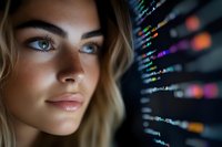Young woman with blue eyes and blonde hair looking at programming code on screen, illuminated by colorful digital display in dark environment.