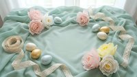 Soft mint green fabric backdrop with pastel roses, golden eggs, lace ribbons creating elegant spring Easter flat lay composition for greeting cards and seasonal designs.