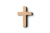Simple wooden cross on white background with natural texture and soft shadow, isolated religious symbol for faith-based designs and spiritual concepts.