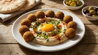 Traditional Middle Eastern falafel platter with creamy hummus, fresh herbs and pita bread on rustic wooden table for authentic Mediterranean dining experience.