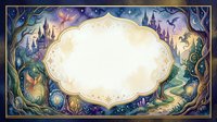 Fantasy medieval frame with castles, dragons and magical creatures surrounding ornate oval border for fairy tale storytelling and enchanted designs.