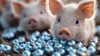 Young pink piglet with blue eyes among shiny metallic blue decorative balls, close-up portrait showing curiosity and innocence against blurred background of second pig.