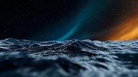 Dark stormy ocean waves under dramatic night sky with northern lights and orange sunset glow, moody seascape with rough water surface and mystical atmosphere.