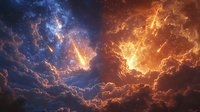 Dramatic cosmic sky with glowing orange and blue nebula clouds creating ethereal light effects in deep space, artistic fantasy background for astronomy projects.