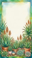 Watercolor succulent garden frame with aloe vera plants in terracotta pots and flowering spikes creating decorative border for invitations and stationery.