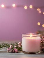 Glowing pink scented candle in glass holder with pine branches and small pink flowers on wooden surface against soft bokeh lights background.