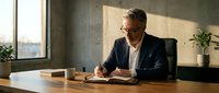 Middle-aged man with gray hair and glasses, wearing dark blazer and white shirt, writing at wooden desk in modern office with natural light and potted plant.