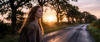 Young woman with long brown hair and fair complexion standing on a rural dirt road at golden hour sunset, wearing a knit sweater, gazing toward the horizon with trees lining the path.