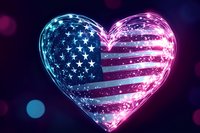 Glowing neon heart with American flag pattern in blue and pink, isolated on dark background for patriotic designs and holiday projects.