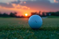 Golf ball on green grass course at dramatic sunset with orange sky and sun on horizon, perfect for sports marketing and golf club advertising materials.