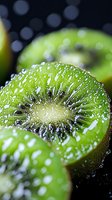 Fresh juicy kiwi fruit slices with water drops on dark background, extreme close up macro shot showing detailed texture and seeds in bright green flesh.
