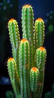 Vibrant green cactus stems with glowing orange tips against dark background, featuring prominent spines and distinctive vertical ridges. Natural desert flora macro photography.