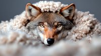 Wild wolf head emerging from soft white clouds against dark background, intense amber eyes and focused gaze create dramatic wildlife portrait.