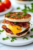 Breakfast sandwich with crispy bacon, sunny side up egg, and fresh green onions served on toasted English muffin, close up view on white plate.