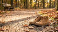 Brown leather boots abandoned on autumn forest path with fallen leaves and wooden bench in blurred background creating peaceful seasonal atmosphere.