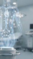 Digital human body with glowing lymphatic and circulatory systems displayed on medical device in laboratory setting. Suitable for healthcare, medical research, and scientific publications.