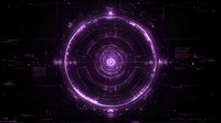 Futuristic purple circular interface with glowing neon rings and digital elements on dark background. Abstract technological HUD display for sci-fi concepts.