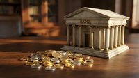 Miniature bank building model with scattered golden coins on wooden surface representing financial services, savings, investment and banking concepts.