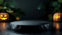 Dark marble podium display stand with glowing Halloween pumpkins and autumn foliage creating spooky atmospheric product showcase background for seasonal promotions.