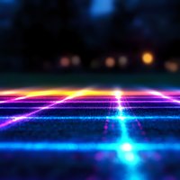 Glowing neon grid lines extend to horizon with vibrant pink, yellow and blue light streaks creating retro futuristic perspective on dark background.