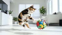 Playful tabby and white cat jumping toward colorful toy ball in bright modern living room with plants and natural light, capturing pet playtime and indoor entertainment.
