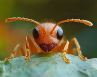 Extreme close-up of red ant with large compound eyes and antennae on green leaf surface against blurred natural background.